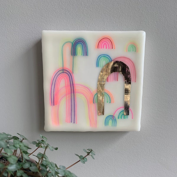 floating rainbows/tiny rainbow art/house blessing/rainbow baby gift/inspire/original encaustic painting/inspirational art/kid/baby room/gold