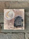 cottage core\/garden shed\/house blessing\/natural dyed paper\/small original art\/limited edition\/gold\/moon\/rainbow\/simple line drawing