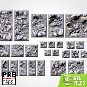 May include: A set of 18 3D printed, pre-supported STL files for a rocky terrain. The files are designed for use with 3D printing and can be used to create realistic rocky terrain for tabletop games or other projects.