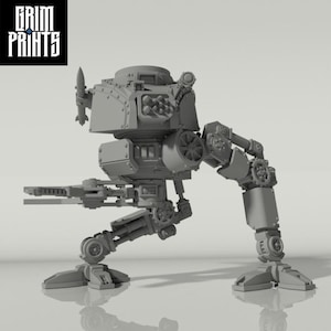 May include: A gray, mechanical walker with a detailed design, featuring a missile, a cannon, and multiple weapon ports. The Grim Prints logo is in the upper left corner. The walker has a complex leg design and a rounded body.