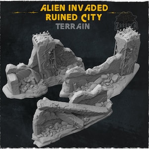 May include: Three pieces of gray, ruined city terrain for tabletop gaming. The terrain is made of plastic and features detailed textures and alien vines.
