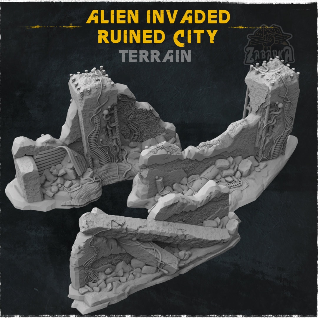 Alien Invaded Ruined City Terrain • Terrain • Zabavka Workshop • 3D Printed Tabletop Miniature •