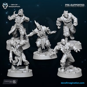 May include: Five grey 3D printed miniature figures of zombies, each with a different pose and expression. The figures are pre-supported and compatible with "One Page Rules".