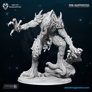 May include: A detailed, gray, 3D printed miniature of a monstrous creature with multiple eyes, sharp claws, and a textured, organic body. The creature is standing on a rocky base and is pre-supported for easy printing.