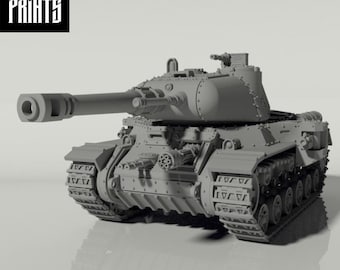 May include: A gray, detailed model of a tank with a large cannon and tracks. The tank has a textured surface and appears to be made of plastic.