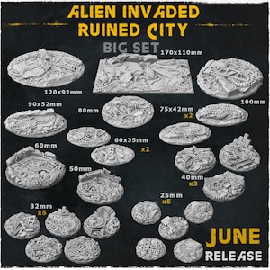 May include: A set of 12 resin miniature bases for tabletop gaming. The bases are oval shaped and feature a ruined city theme with alien invasion details. The set includes various sizes, ranging from 25mm to 170mm. The bases are gray and feature intricate details.