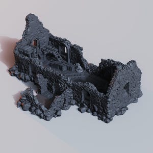May include: A gray, 3D-printed miniature of a ruined stone building, featuring arched doorways, staircases, and a small figure. The model has a detailed, textured surface, perfect for tabletop gaming or display.