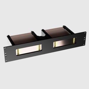 May include: A black metal rack-mount panel featuring two rectangular cutouts. Each cutout reveals a translucent, amber-tinted rectangular insert held in place by two small, vertical metallic pins. The panel includes mounting holes on both ends.