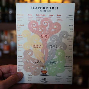 May include: A "FLAVOUR TREE" tasting card, detailing flavour profiles with categories such as "Tropical" and "Dark." The card, held in a hand, features a diagram with a whiskey glass at the base, illustrating various taste notes.