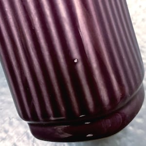 May include: Close-up of a dark purple ceramic container with vertical ribbed detailing. The container has a rounded base and a slightly flared top. The surface is glossy, reflecting light.