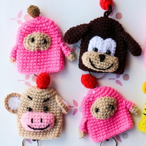 Limited Stock_Handmade Crochet Knit Animal Key Cover Bear Dog Monkey Brown Protective Case Key Fob Ring
