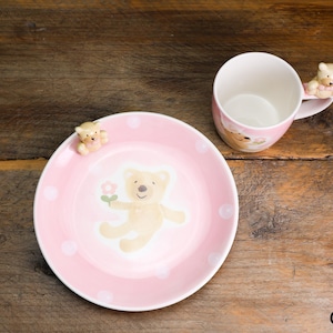 GRADE_B: Handgefertigt Ein Set aus 2 Pinken Keramikbecher und Teller Set Handgemaltes Frühstücksset Niedlicher Bär 10 Unzen Becher Geschenk