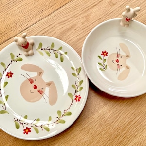 GRADE_B: Handmade A Set of 2  Red Ceramic Bowl and Plate Set Hand Painted Breakfast Set Cute Bunny Dining Gift