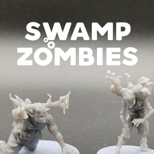 May include: Two gray painted miniature figures of swamp zombies. One zombie is crawling on all fours with a branch growing from its head. The other zombie is standing with branches growing from its head and arms. The figures are on white bases. The text "Swamp Zombies" is written in white letters on a gray background.