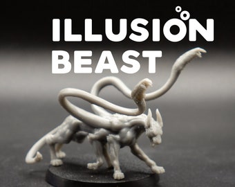 May include: A gray, detailed miniature of a creature with a serpentine tail and a feline body. The creature is posed in a dynamic stance, with its tail curled around its body. The miniature is labeled "ILLUSION BEAST".