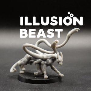 May include: A gray, detailed miniature of a creature with a serpentine tail and a feline body. The creature is posed in a dynamic stance, with its tail curled around its body. The miniature is labeled "ILLUSION BEAST".