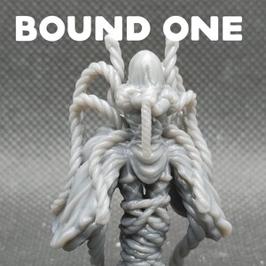May include: A gray, 3D printed figurine of a creature bound by ropes. The creature has a humanoid form with a head that resembles a spider. The figurine is titled "Bound One".