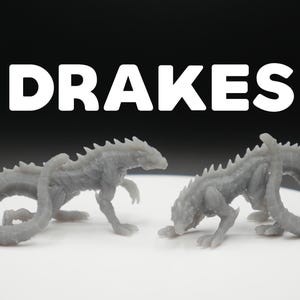 May include: Two gray drake figurines are displayed on a white surface against a black background. The word "DRAKES" is written in large white letters above the figurines. The figurines are detailed with textured scales and spiky spines.