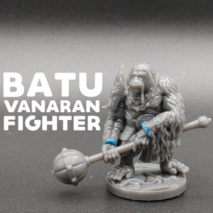 May include: A gray 3D printed miniature of a Vanaran fighter named Batu. The figure is holding a spiked club and is wearing a fur cloak and armor. The figure is standing on a gray base.