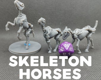 May include: Three gray plastic skeleton horse figurines. The horses are posed in different positions. A purple 20-sided die is in the foreground.