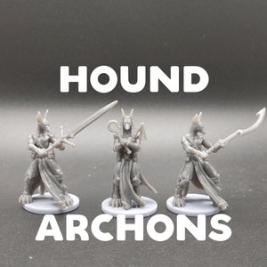 May include: Three grey painted miniature figurines of hound archons, each with a different weapon. The archons are standing on round bases.