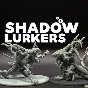 May include: Two gray, detailed, plastic miniatures of monstrous creatures with sharp teeth and claws. The creatures are posed in a fighting stance. The text "SHADOW LURKERS" is displayed above the miniatures.