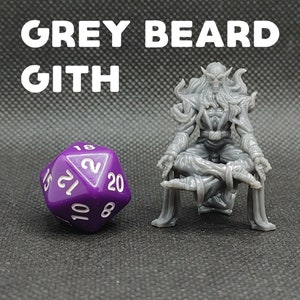 May include: Grey Beard Gith miniature figurine in a seated pose with a long beard and flowing robes. The figurine is made of grey plastic and is approximately 2 inches tall. The figurine is sitting on a small, grey plastic chair.