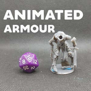 May include: A gray 3D printed miniature of a skeletal figure wearing armor, standing on a blue base. The figure has a large, open mouth and is holding a weapon. The miniature is next to a purple 20-sided die.