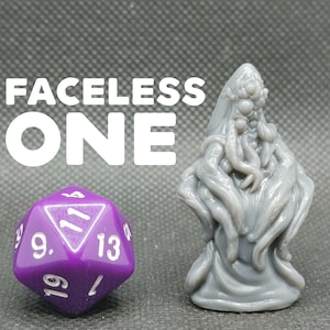 May include: A gray, 3D printed miniature of a faceless creature with tentacles and a crown. The creature is standing on a base. The text "FACELESS ONE" is visible in the background. A purple, 12-sided die is also visible in the image.