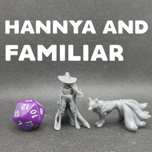 May include: A gray miniature set featuring a figure with a wide-brimmed hat, a nine-tailed fox, and a purple twenty-sided die. The text "HANNYA AND FAMILIAR" is displayed above the figures. This set is ideal for tabletop gaming.