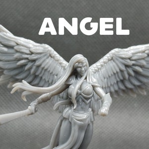 May include: A gray, detailed figurine of an angel with wings outstretched. The angel has long flowing hair and is holding a sword in one hand.