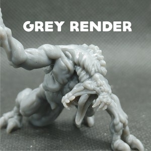May include: A grey 3D printed miniature of a creature with a large mouth and sharp teeth. The creature is in a crouching position with its front legs extended.