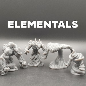 May include: Four gray, 3D printed figurines of elementals. The figures are of an earth elemental, a fire elemental, a water elemental, and an air elemental. The figures are all in a neutral pose and are standing on a gray surface.