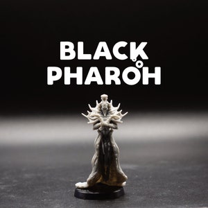 May include: A gray, detailed miniature figure of a pharaoh with a crown and a long robe. The figure is standing on a black base. The text "BLACK PHARO" is written in white letters above the figure.