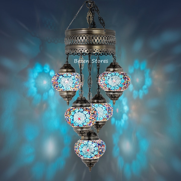 5 GLOBES MOSAIC CHANDELIER Turkish Moroccan Handmade Hanging Ceiling lamp, Pendant mosaic lamp