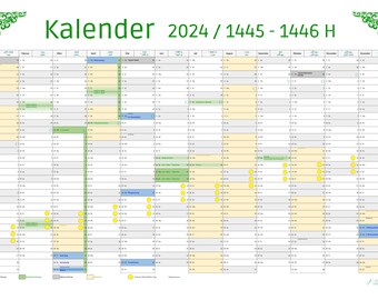 Muslimischer Hijr Jahreskalender 2024 / 1445-1446 HESSEN mit Schulferien – Kalender Herunterladen und Ausdrucken bis Gr. A1