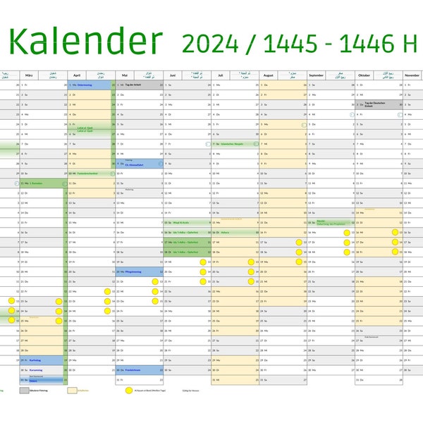 Muslim Hijr annual calendar 2024 / 1445-1446 HESSEN with school holidays - download and print calendar up to size. A1