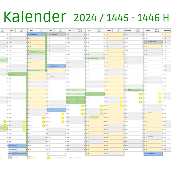 Muslim Hijr annual calendar 2024 / 1445-1446 SCHLESWIG-HOLSTEIN with school holidays - download and print calendar up to size. A1