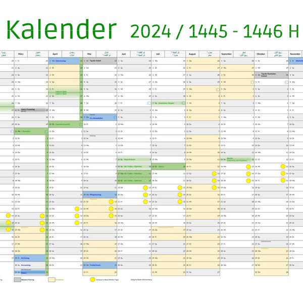 Muslim Hijr annual calendar 2024 / 1445-1446 BADEN WÜRTTEMBERG with school holidays - download and print calendar up to size. A1