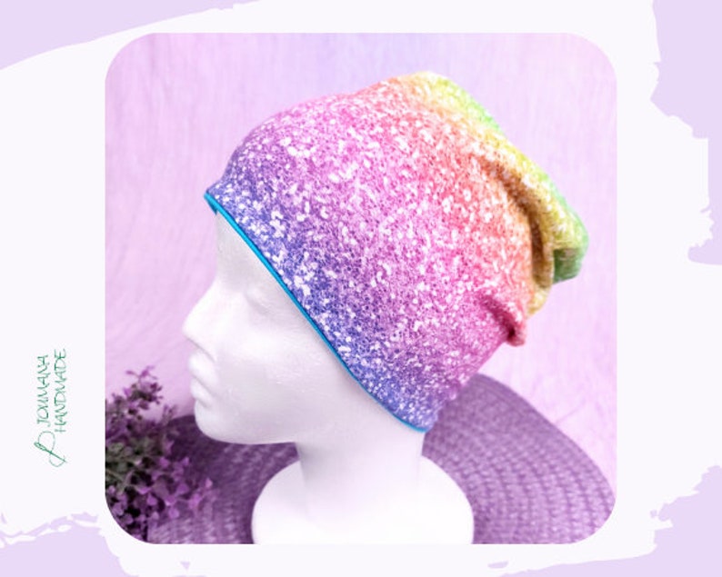 Beanie / hat fake-glitter rainbow ready to ship hat for the transitional period image 1