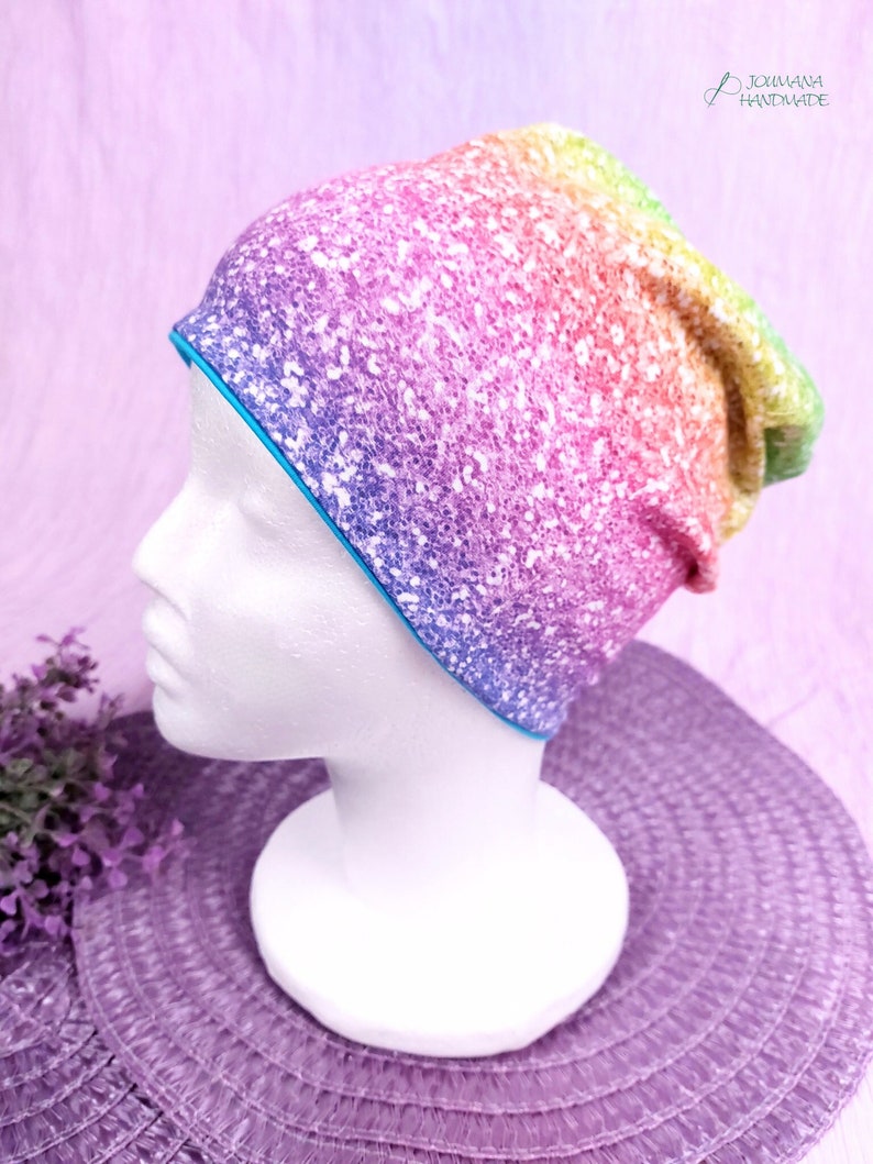 Beanie / hat fake-glitter rainbow ready to ship hat for the transitional period image 2
