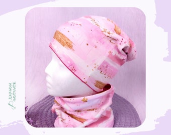 Beanie / Mütze rosa gold mit fake glitter Effekt - Größe 52 - versandfertig - Mütze für die Übergangszeit