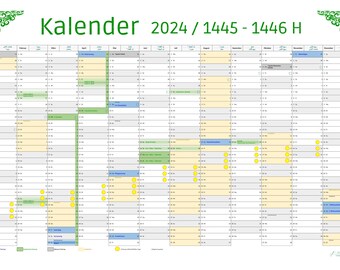 Muslim Hijr annual calendar 2024 / 1445-1446 SAARLAND with school holidays - download and print calendar up to size. A1