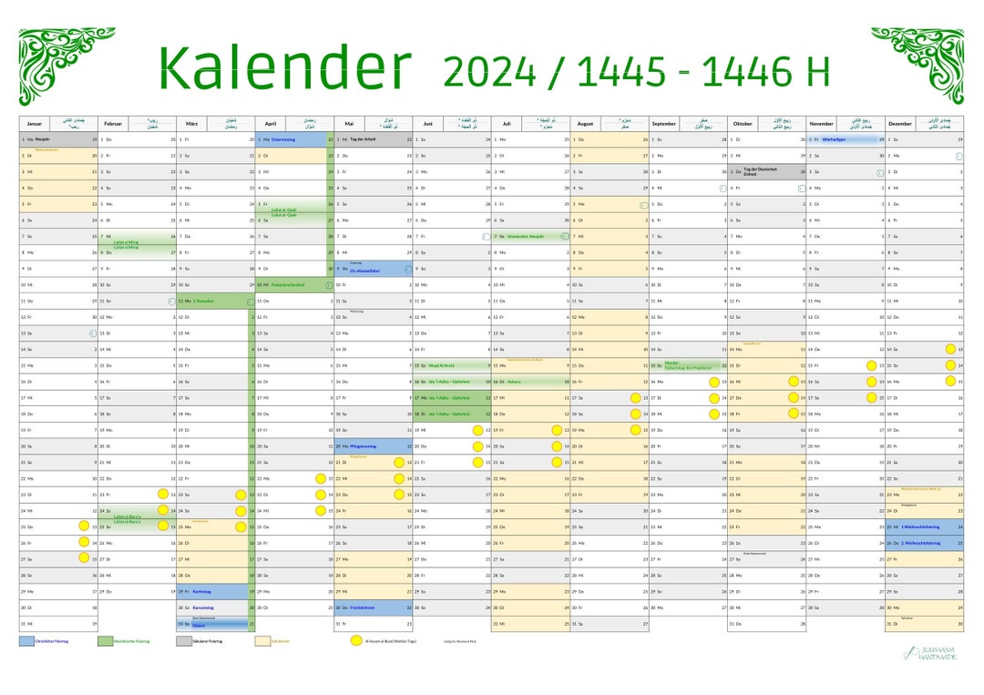 Muslim Hijr Annual Calendar 2024 / 14451446 RHEINLAND PFALZ With