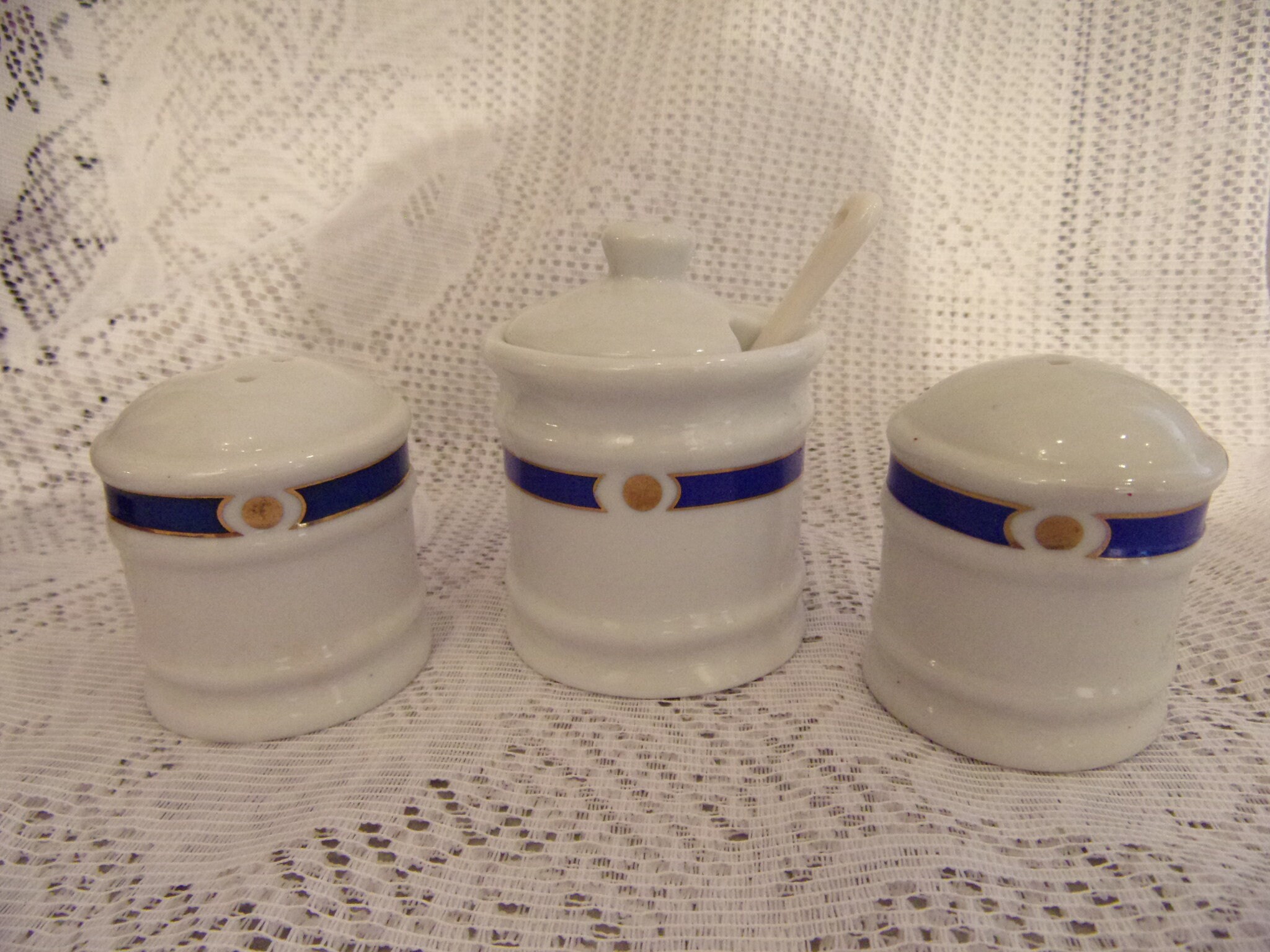 Service à Condiments Vintage Français en Porcelaine de Limoges Blanche et Bleue Philippe Deshoulière