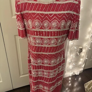 Vtg Carolyn Barton NIGHT Sz L Pink Silk Beaded Cocktail Party Dress Gown