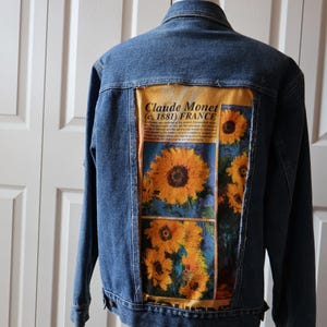 Monet Jean Jacket, Upcycled Jacket, Wearable Art, Thrift, Women&#39;s Denim Jacket, Gift for Her, Sunflower Jacket, Embroidered Jacket