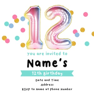 Invitación de cumpleaños número 12 imprimible personalizada, invitación de cumpleaños número 12 descargable, tarjetas imprimibles de invitación de cumpleaños número 12