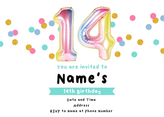 Custom Printable 14th Birthday Invitation Downloadable 14th - Etsy