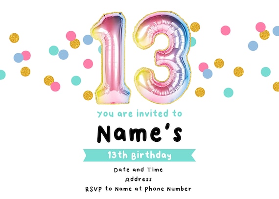 Custom Printable 13th Birthday Invitation Downloadable 13th - Etsy